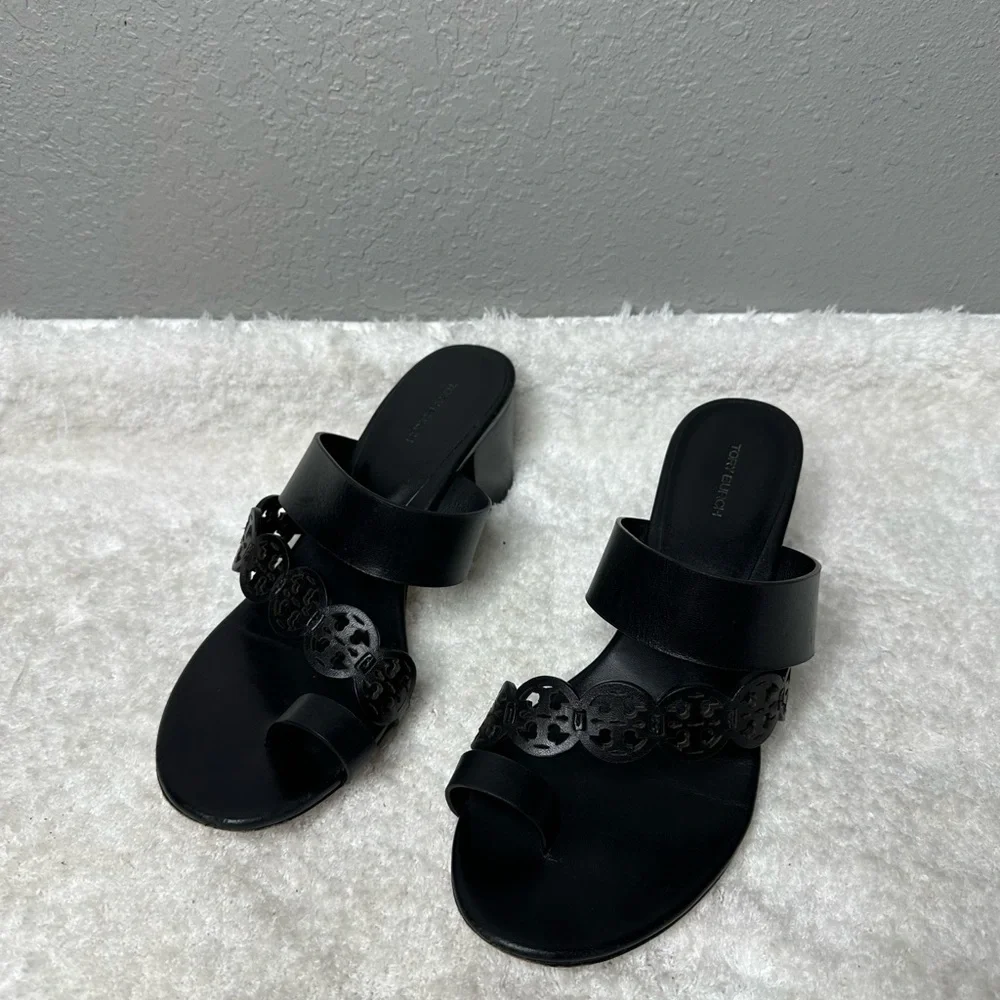 Tory Burch Tiny Miller Black Leather Toe Ring Block Heel Sandals Size 9M women’s - Picture 5 of 7